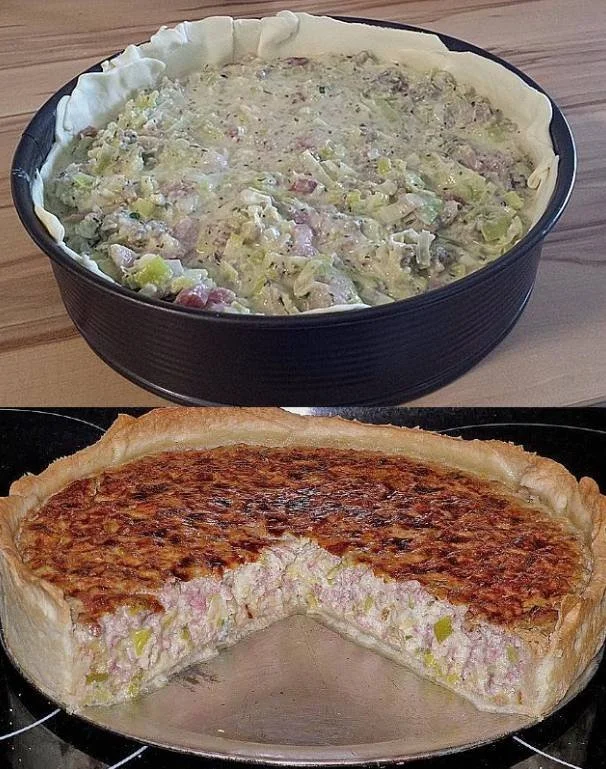 Hackfleisch-Lauch-Tarte mit Gorgonzola auf einem Teller serviert