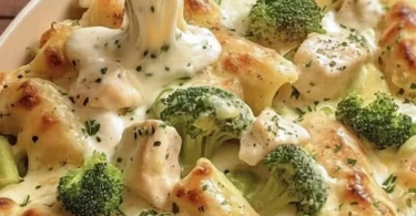 Hähnchen-Brokkoli-Auflauf Alfredo mit Käse überbacken auf einem Teller serviert.