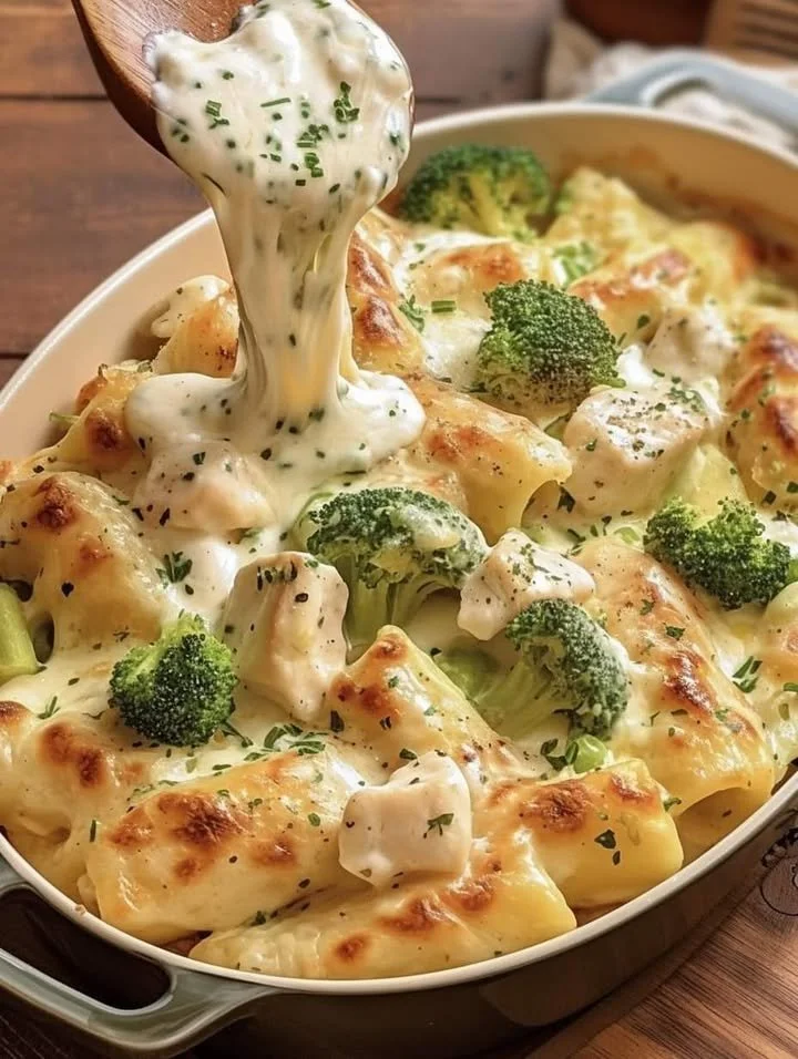 Hähnchen-Brokkoli-Auflauf Alfredo mit Käse überbacken auf einem Teller serviert.