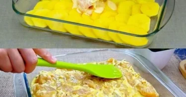 Hähnchen-Gratin mit Kartoffeln und geschmolzenem Mozzarella im Auflauf