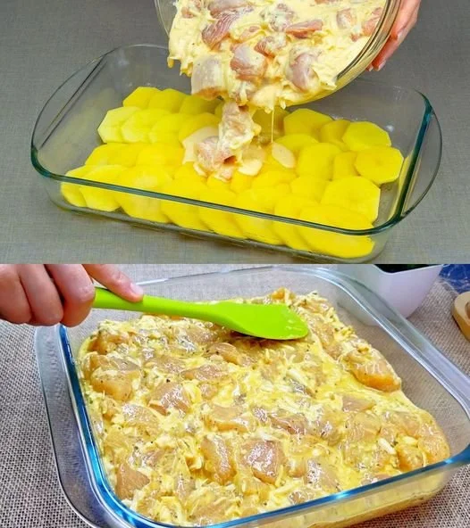 Hähnchen-Gratin mit Kartoffeln und geschmolzenem Mozzarella im Auflauf