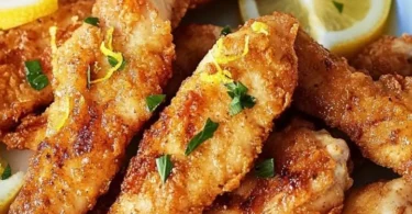 Hähnchenstreifen mit Zitrone und Knoblauch auf einem Teller serviert