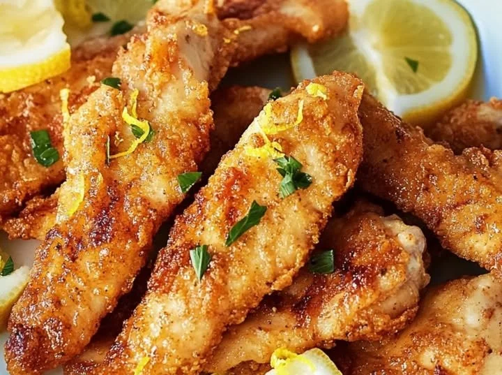 Hähnchenstreifen mit Zitrone und Knoblauch auf einem Teller serviert