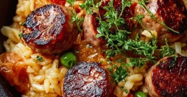 Leckere herzhafte Wurst-Reis-Pfanne mit frischen Zutaten