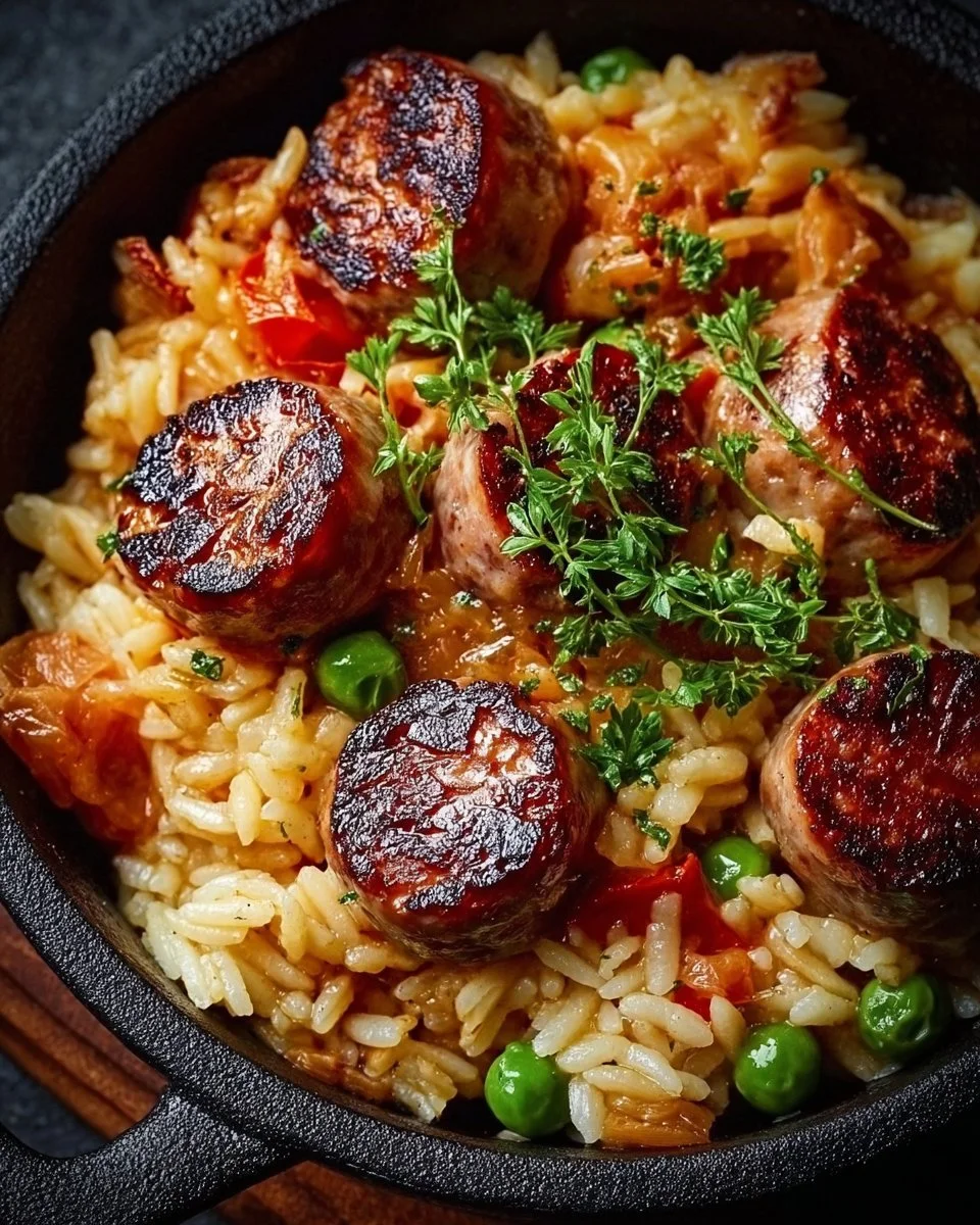 Leckere herzhafte Wurst-Reis-Pfanne mit frischen Zutaten