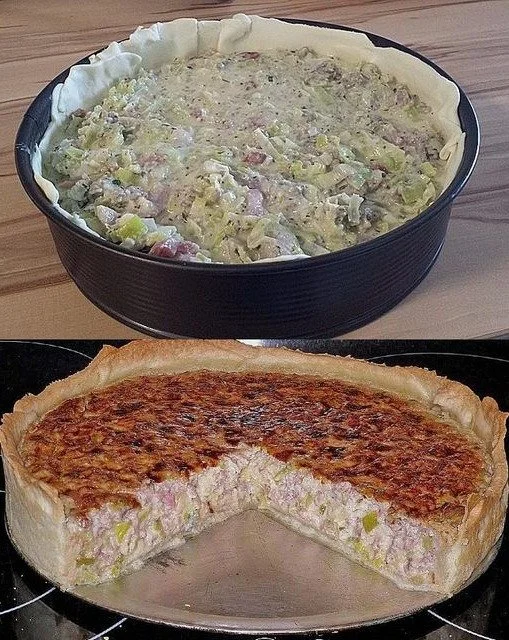 Herzhafter Gorgonzola-Kuchen mit Lauch auf einem Holzbrett serviert