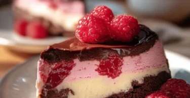 Himbeer-Brownie-Cheesecake mit frischen Himbeeren und schokoladigem Brownie-Boden