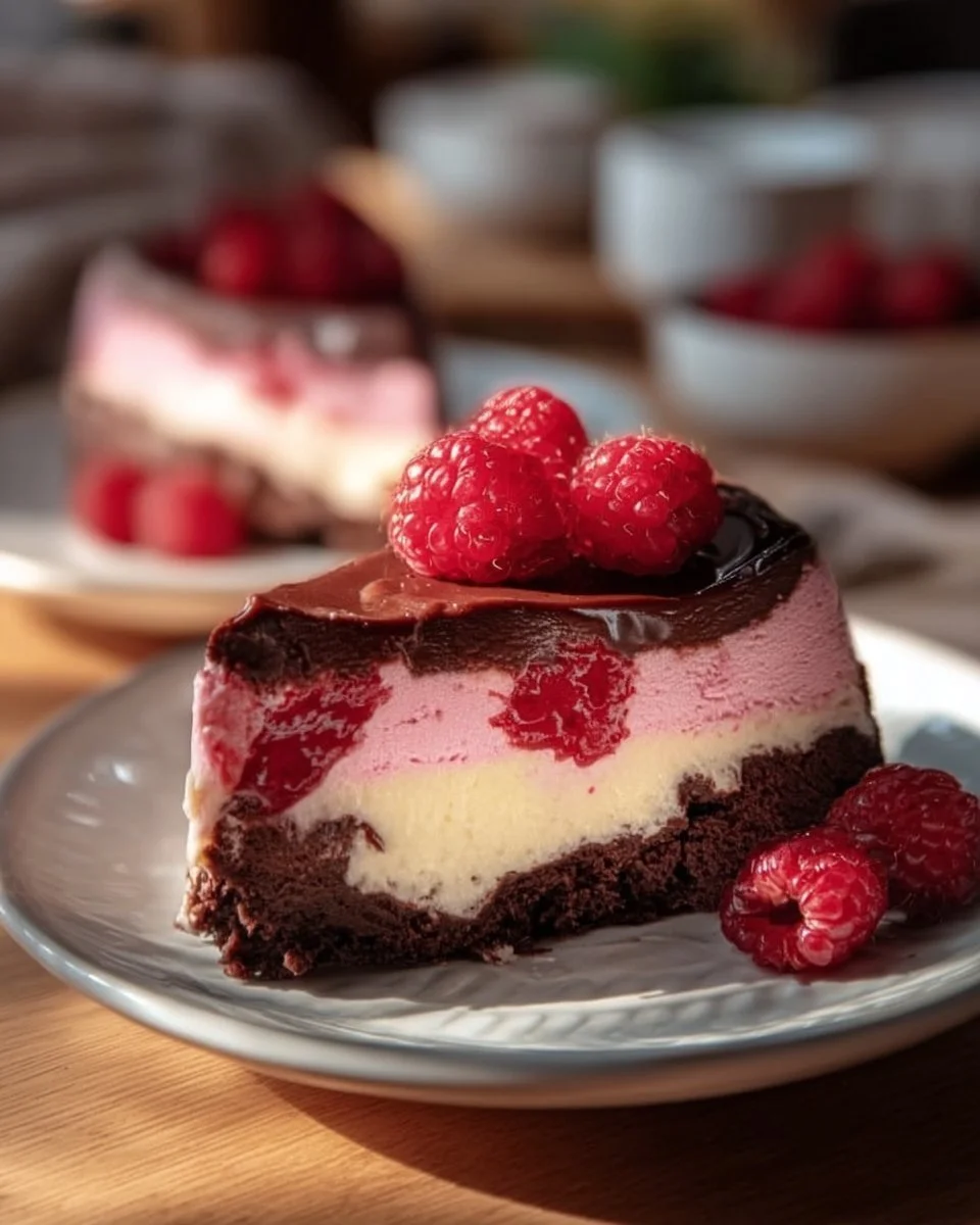 Himbeer-Brownie-Cheesecake mit frischen Himbeeren und schokoladigem Brownie-Boden