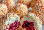 Himbeer Frischkäse Kugeln auf einem Teller serviert, verziert mit frischen Himbeeren.