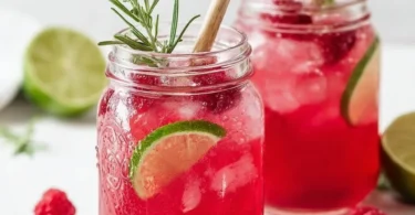Erfrischende Himbeer-Limonade mit Rosmarin und Limette in einem Glas