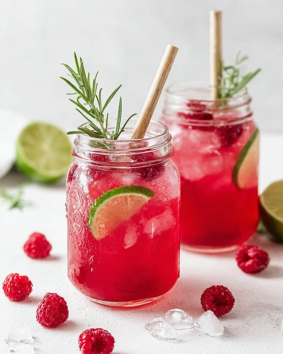 Erfrischende Himbeer-Limonade mit Rosmarin und Limette in einem Glas
