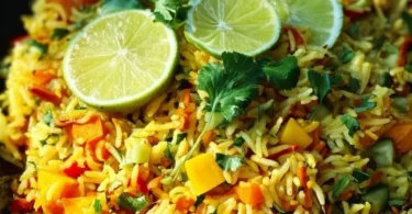 Indisch gewürzter Reis Salat mit Mango in einer bunten Schüssel.