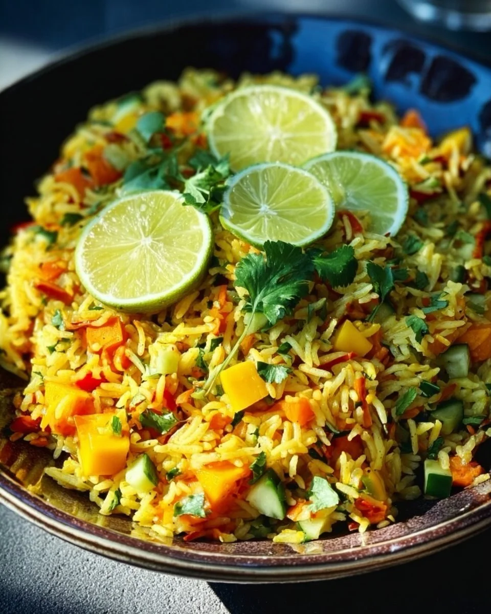 Indisch gewürzter Reis Salat mit Mango in einer bunten Schüssel.
