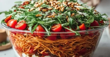 Italienischer Spaghetti-Schichtsalat in buntem Schichtaufbau auf einem Teller