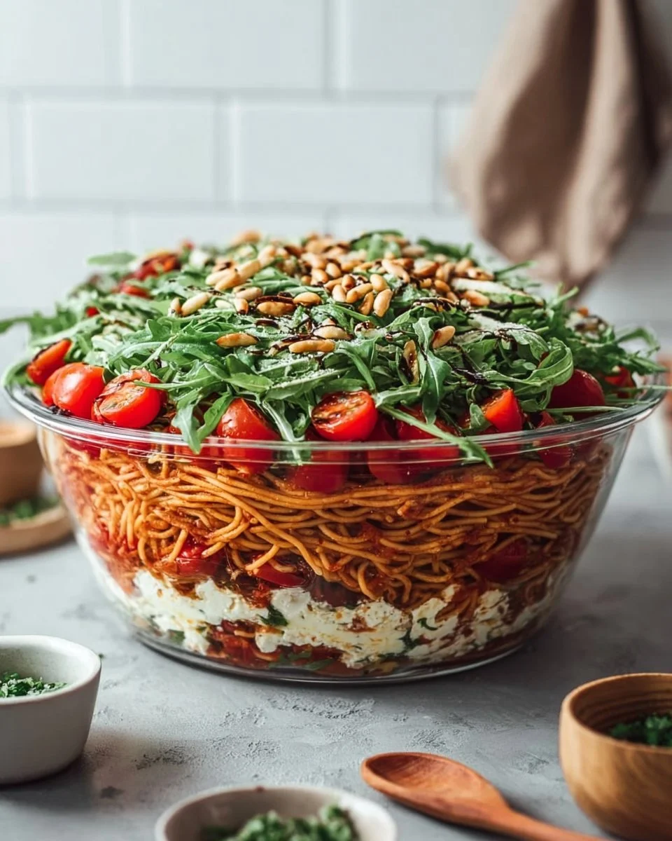 Italienischer Spaghetti-Schichtsalat in buntem Schichtaufbau auf einem Teller