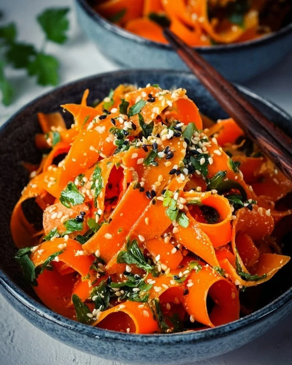 Karottensalat mit Ingwer-Sesam-Dressing auf einem Teller serviert.
