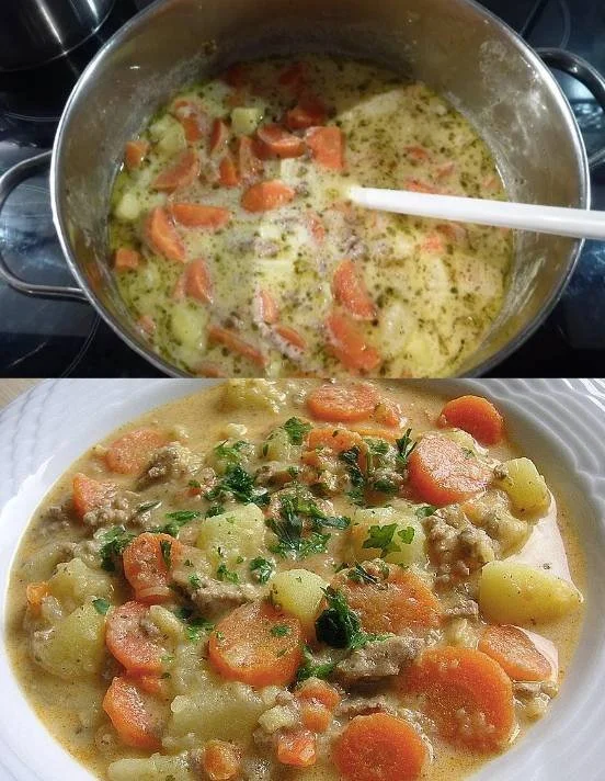 Kartoffel Hackfleischtopf mit Sauerrahm und Karotten