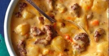 Eine herzhafte Kartoffelsuppe mit Hackfleisch in einer Schüssel serviert.