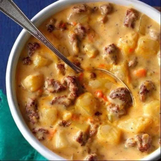 Eine herzhafte Kartoffelsuppe mit Hackfleisch in einer Schüssel serviert.