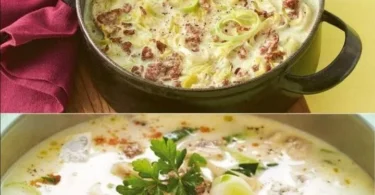 Käse-Lauch-Suppe mit Hackfleisch in einer Schüssel serviert