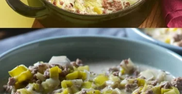 Cremige Käse-Lauch-Suppe mit Hackfleisch in einer Schüssel