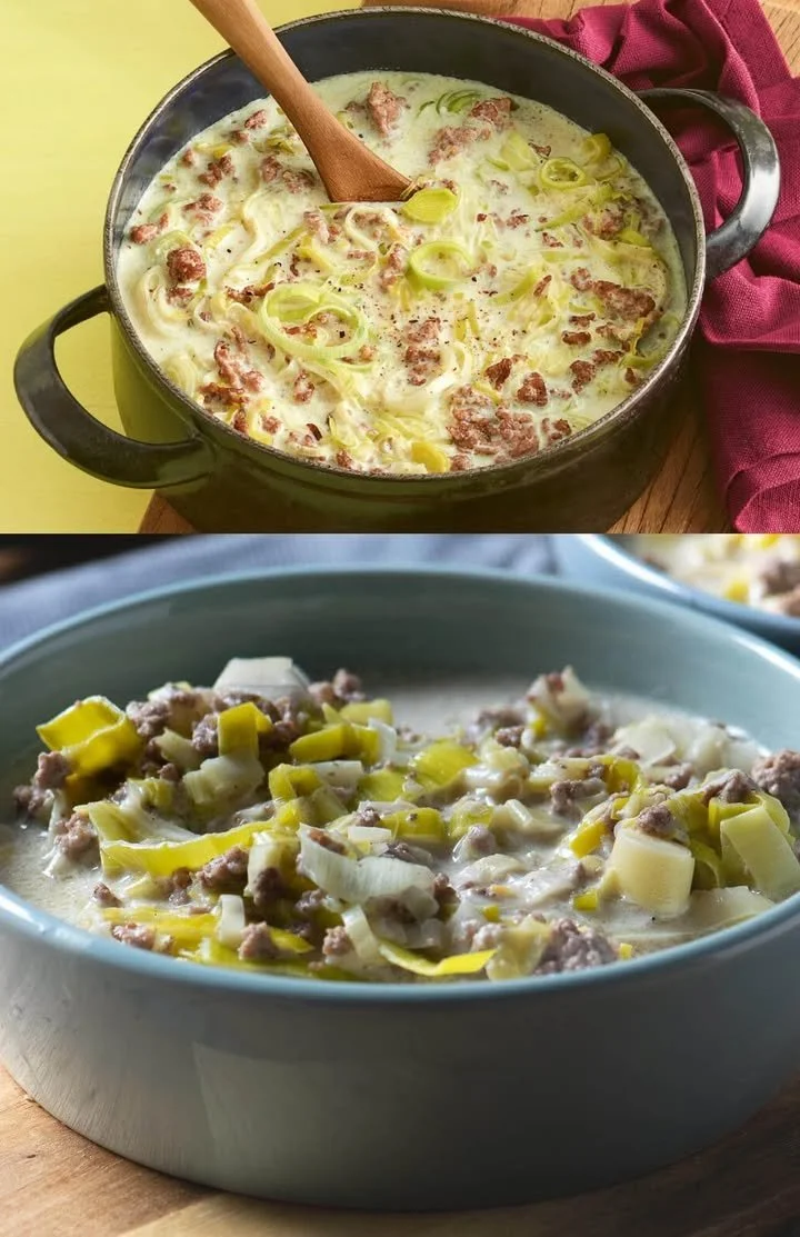 Käse-Lauch-Suppe mit Hackfleisch