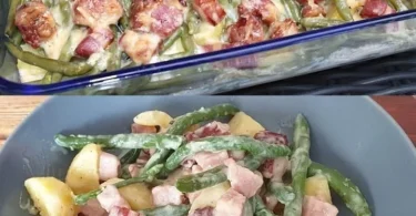 Kasselerauflauf mit Kartoffeln und grünen Bohnen, lecker angerichtet auf einem Teller.