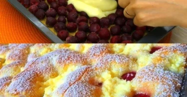 Ein Stück köstlicher Kirschkuchen auf einem Teller