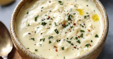 Knoblauch Parmesan Sauce in einer Schüssel, ideal für Pasta und andere Gerichte