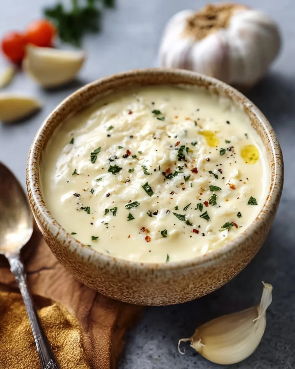 Knoblauch Parmesan Sauce in einer Schüssel, ideal für Pasta und andere Gerichte