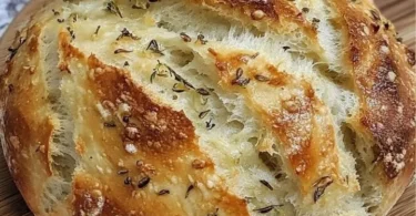 Leckeres Knoblauchbrot ohne Kneten auf einem Holzbrett serviert.