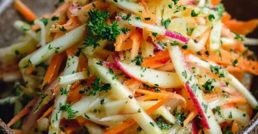 Frischer Kohlrabi Karotten Apfel Salat auf einem Teller, mit Deckel