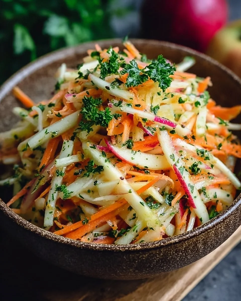 Frischer Kohlrabi Karotten Apfel Salat auf einem Teller, mit Deckel