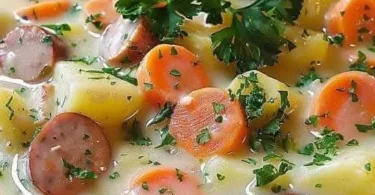 Kohlrabi Eintopf mit Kartoffeln, Karotten und Wiener Würstchen serviert in einer Schüssel