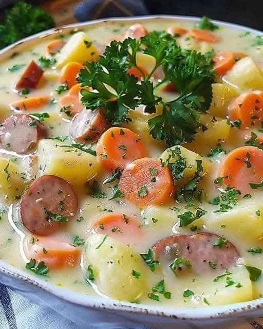 Kohlrabi Kartoffel Karotten Eintopf mit Wiener Würstchen