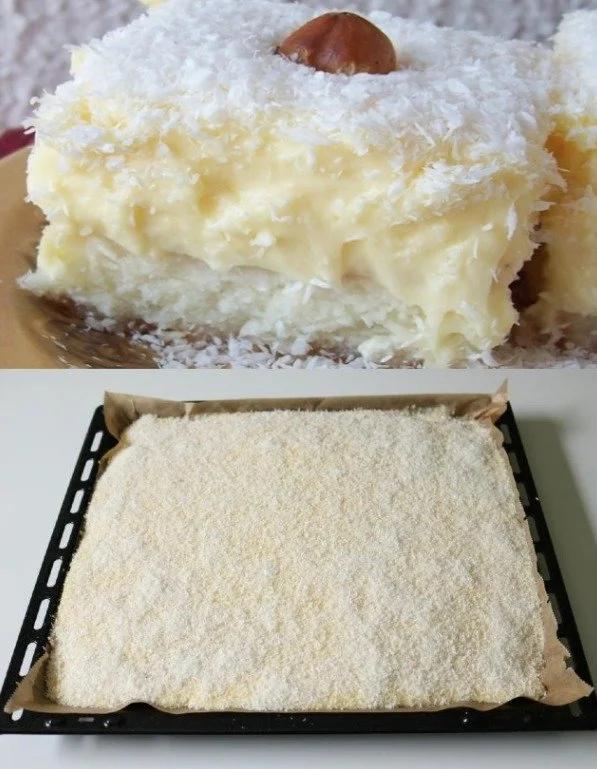 Kokosnusskuchen mit Vanillepudding