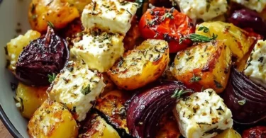 Köstliche Feta Kartoffeln Ofengemüse frisch aus dem Ofen serviert.