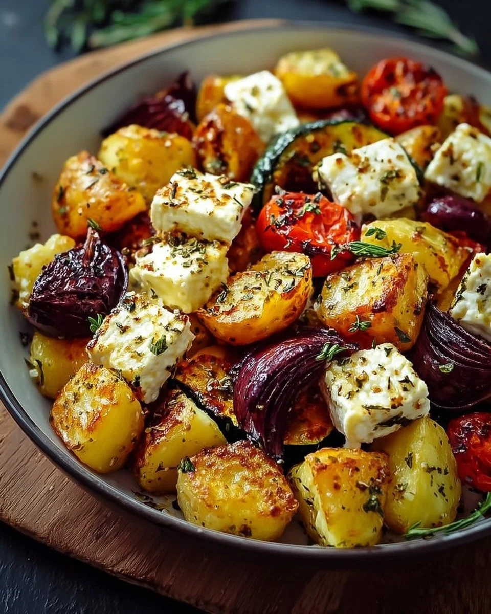 Köstliche Feta Kartoffeln Ofengemüse frisch aus dem Ofen serviert.