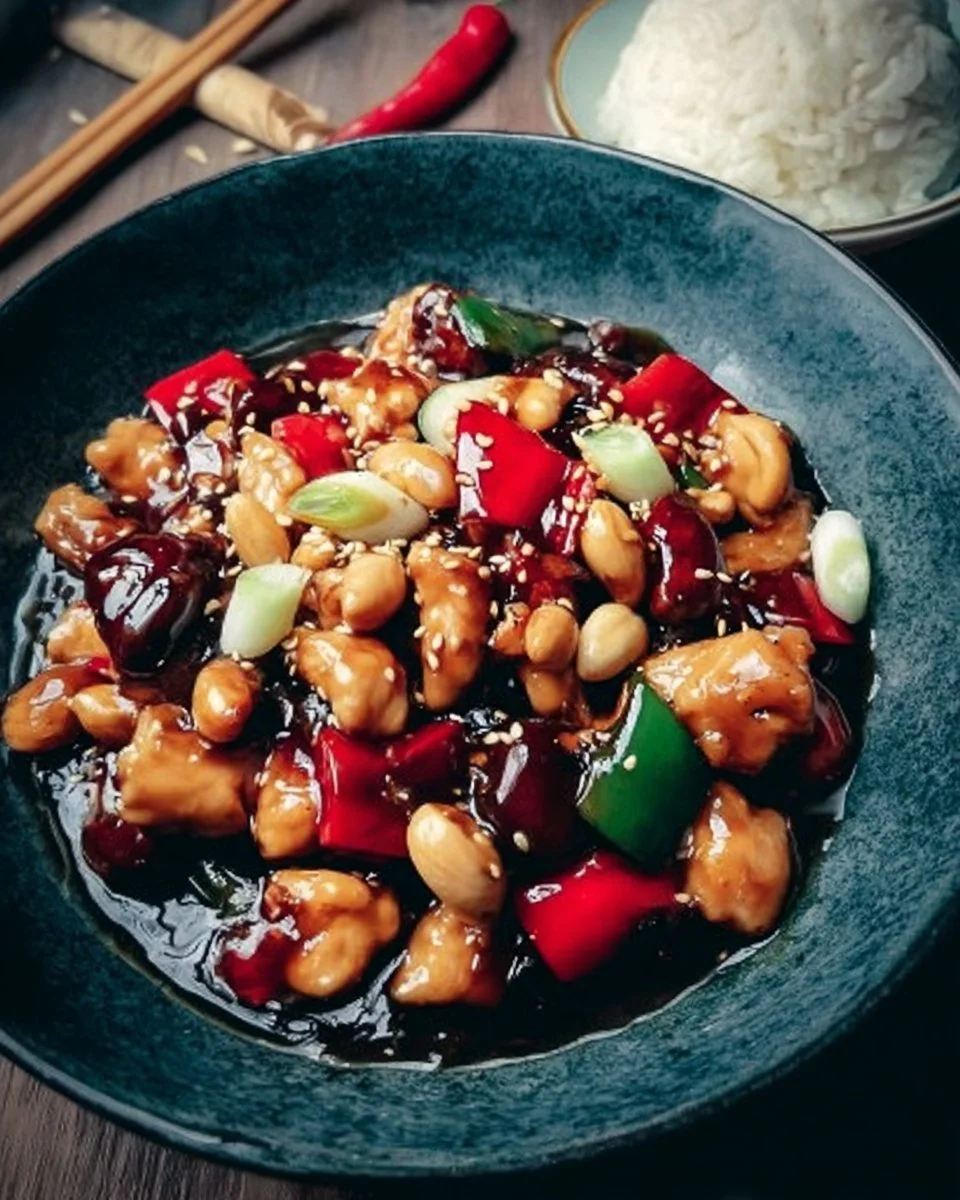 Eine leckere Portion Kung-Pao-Hähnchen mit Erdnüssen und Gemüse serviert.