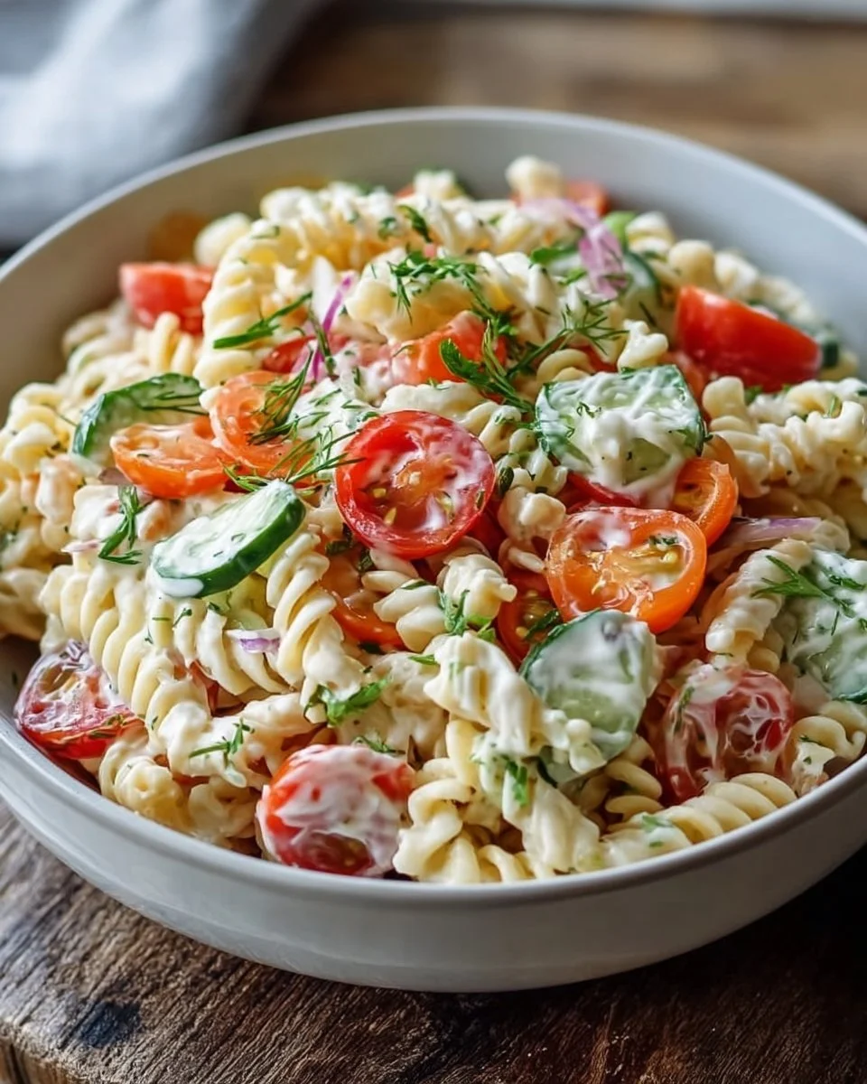 Leichter Nudelsalat mit Joghurt-Dressing in einer bunten Schüssel