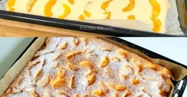 Saftiger Mandarinen Blechkuchen auf einem weißen Teller, bereit zum Servieren