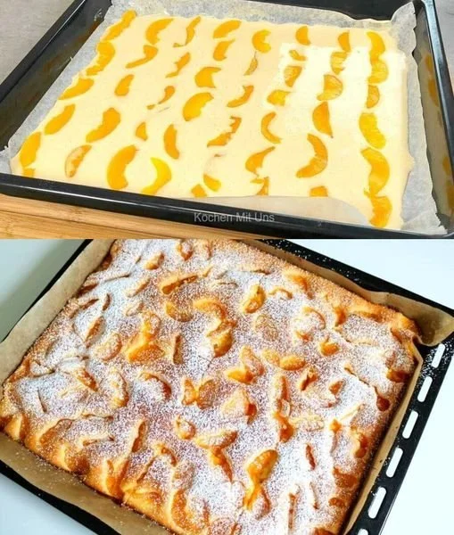 Saftiger Mandarinen Blechkuchen auf einem weißen Teller, bereit zum Servieren