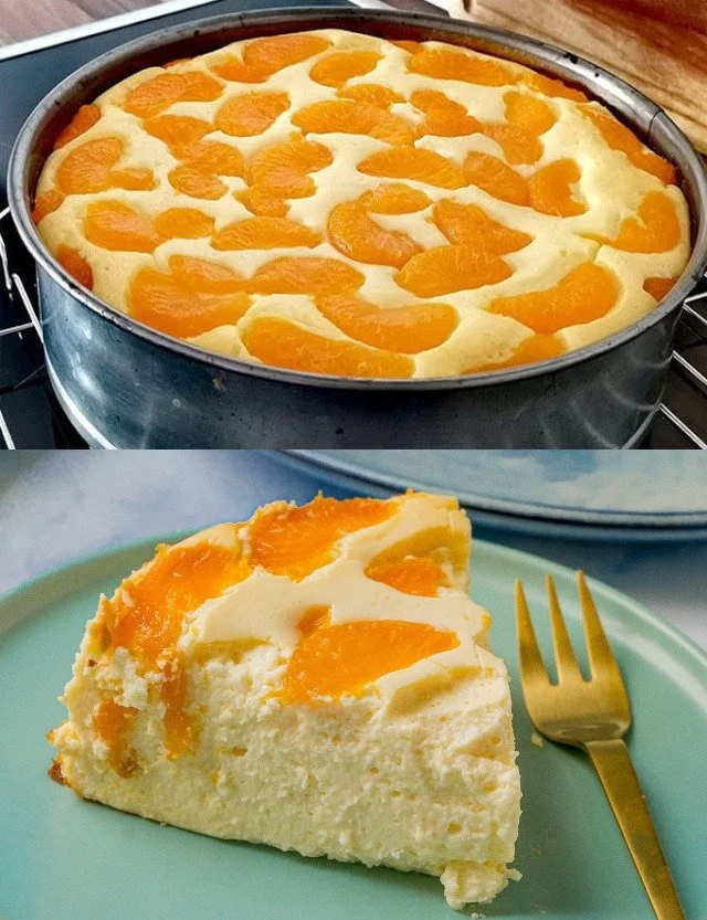 Mandarinen Quarkkuchen mit frischen Mandarinen und Quark auf einem Teller