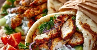 Mediterranes Chicken Gyros mit frischem Feta Tzatziki auf einem Teller