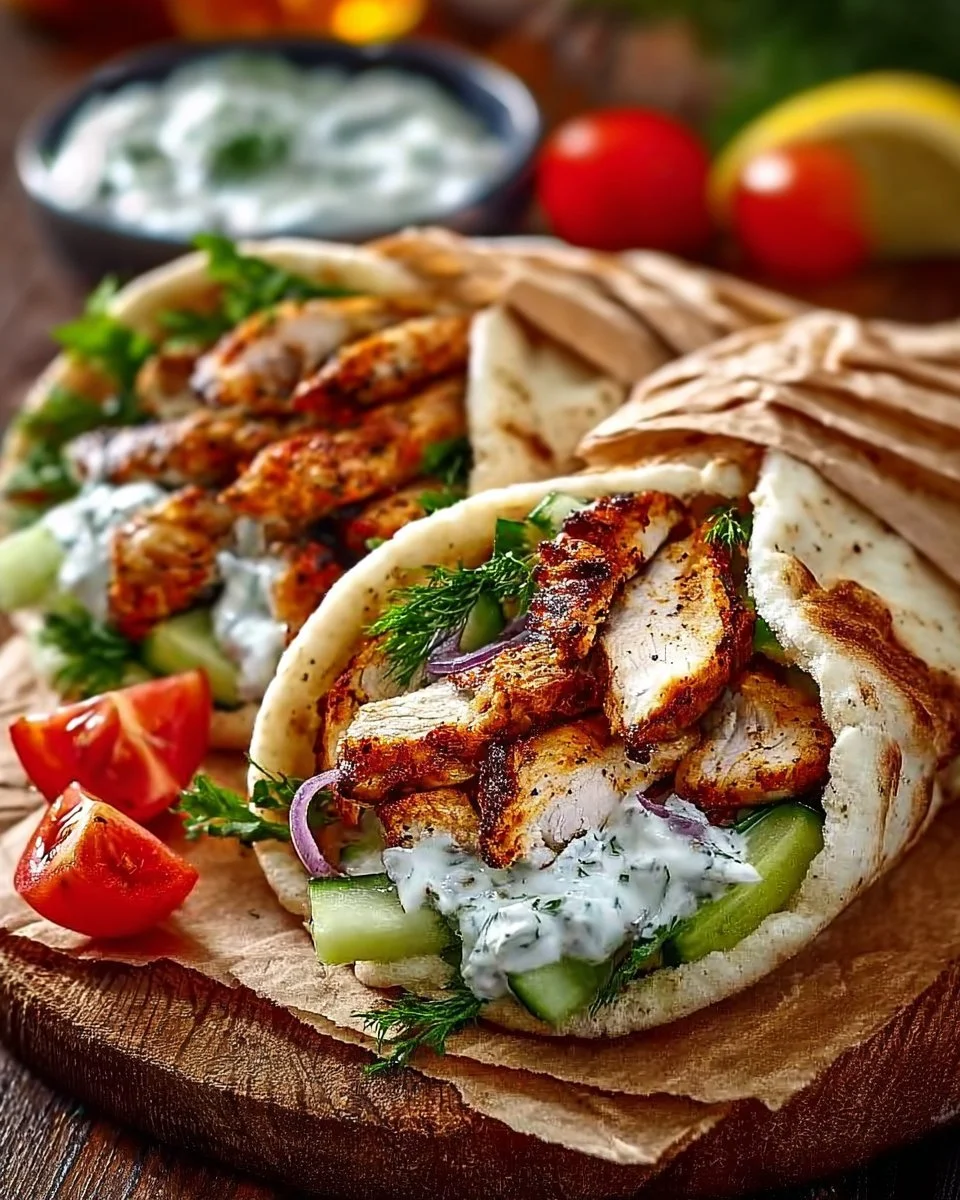 Mediterranes Chicken Gyros mit frischem Feta Tzatziki auf einem Teller