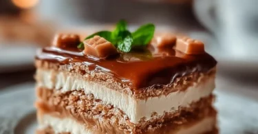 Leckerer Milchmädchen-Kuchen auf einem Teller mit Gabel