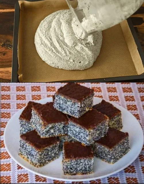Saftiger Mohnkuchen mit einer glänzenden Mohnfüllung auf einem Teller