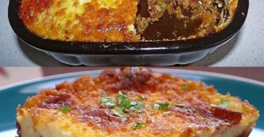 Leckere Moussaka mit Hackfleisch und Kartoffeln auf einem Teller serviert