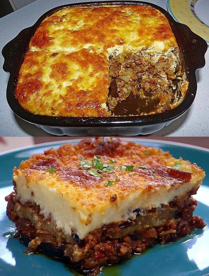 Leckere Moussaka mit Hackfleisch und Kartoffeln auf einem Teller serviert