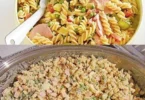Nudelsalat mit cremiger Geheimsoße auf einem Teller serviert.